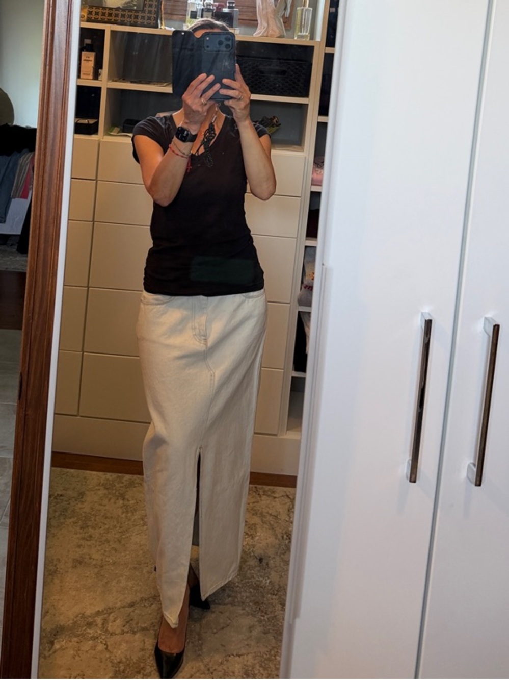 Neutral Cream Maxi Skirt with Front Slit
